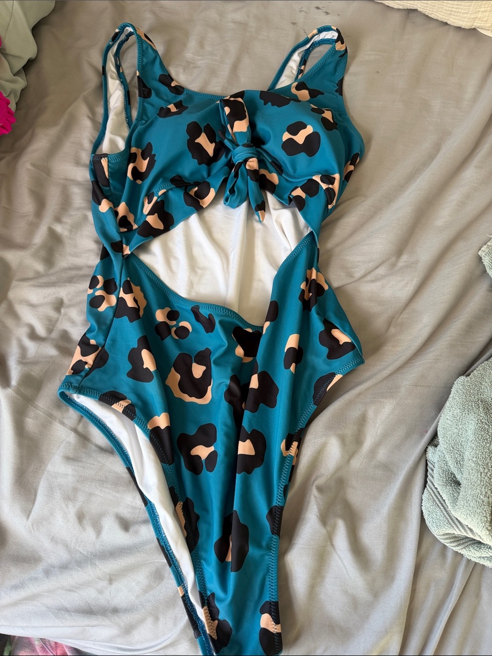 Teal Leopard Print Tie-Front One-Piece Swimsuit